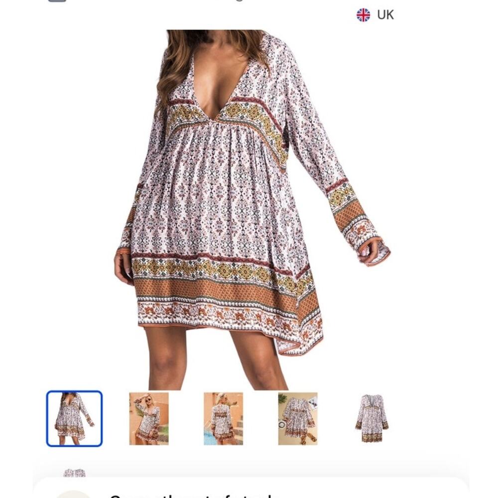 Kidsform Womens Dress Size Medium Boho Hippie Mini Gypsy Beach Cover Deep V Neck